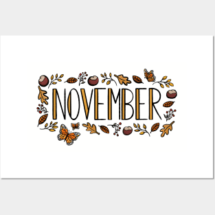 November Autumn Winter Seasonal Lettering Digital Illustration Posters and Art